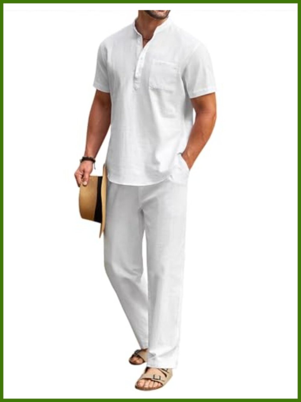 Men's 2 Piece Cotton Linen Henley Shirt & Beach Pants Set Casual Summer Outfit